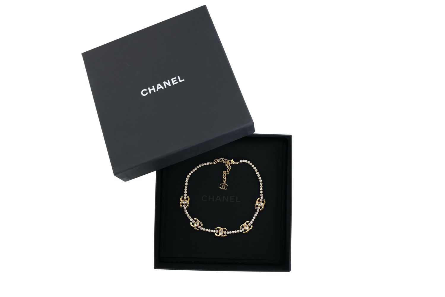 Chanel CC Marquise Choker Necklace, Gold Finish and Crystal, Preowned in Box WA001