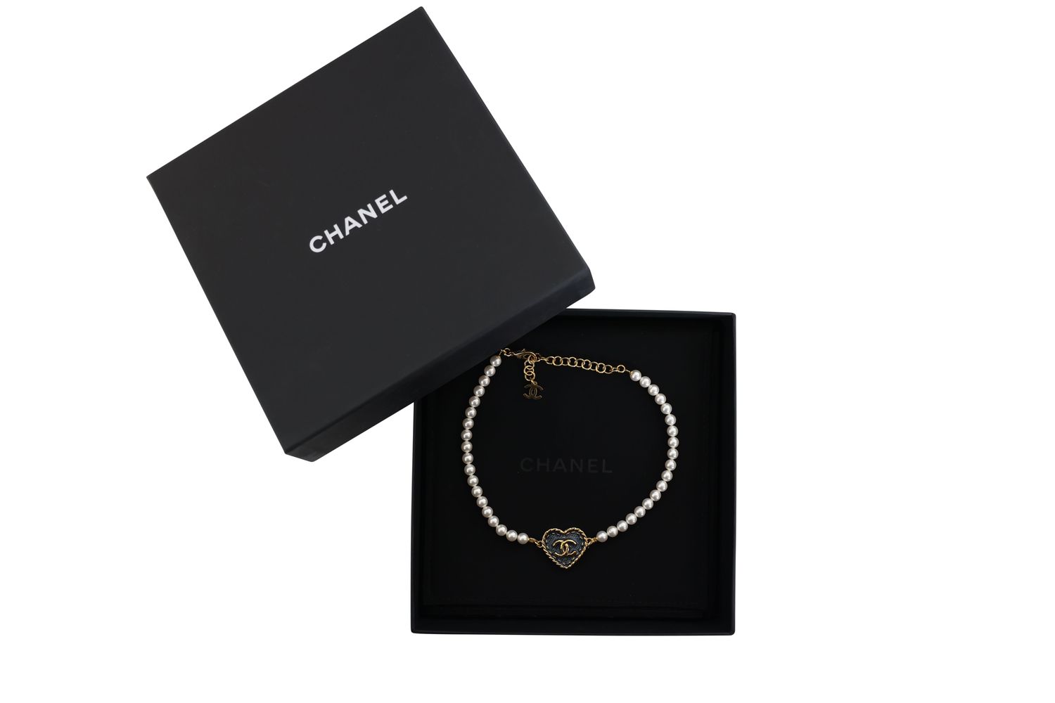 Chanel Denim Heart Choker Necklace, Resin Pearl and Gold Hardware, Preowned in Box WA001