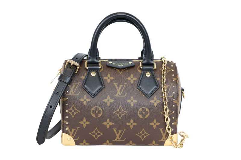 Louis Vuitton Speedy Trunk 20 Bag, Brown Monogram Canvas and Black Leather with Gold Hardware, Preowned in Box WA001