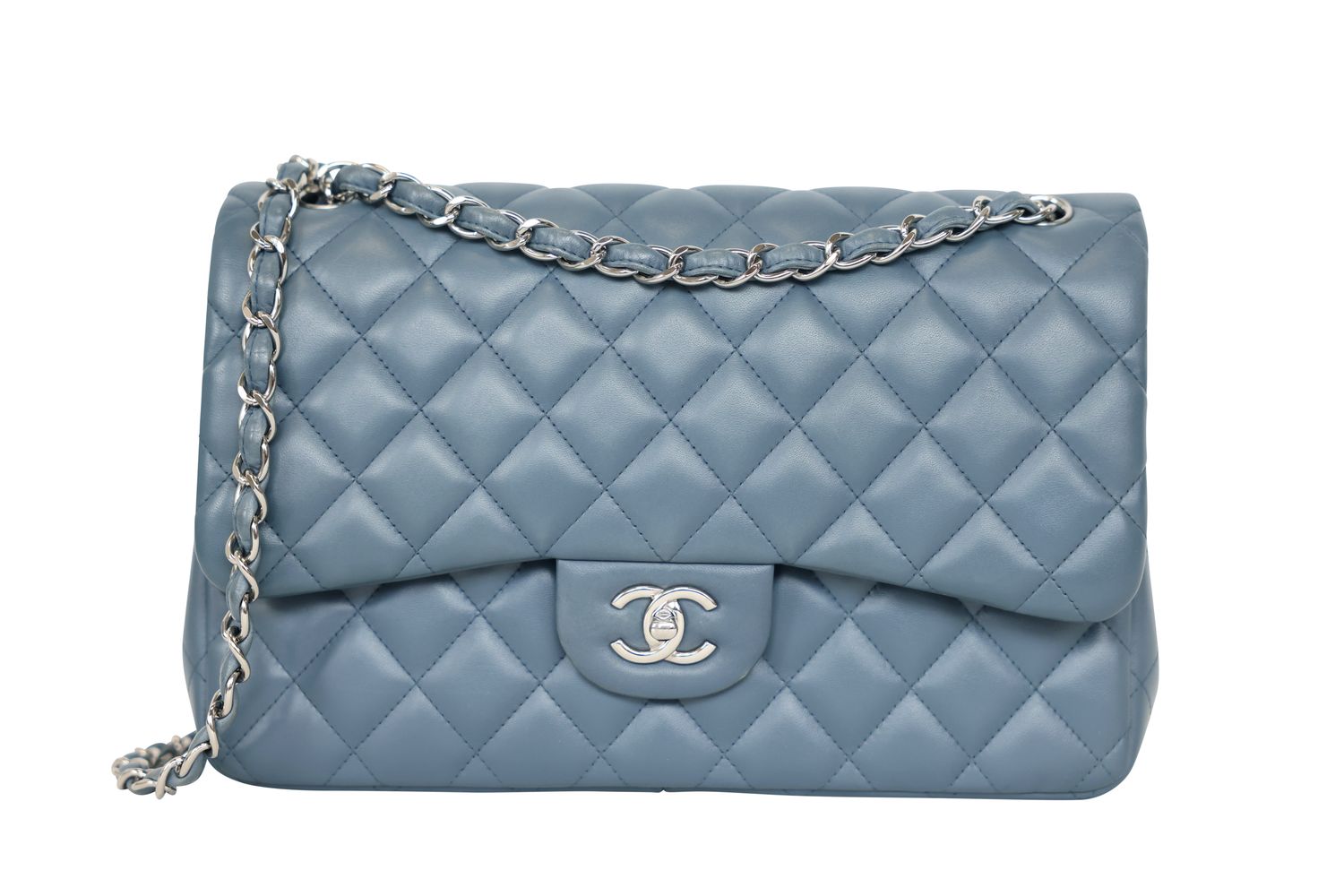 Chanel Classic Jumbo Handbag, Slate Blue Gray Quilted Lambskin Leather and Silver Hardware, Preowned No Dustbag WA001