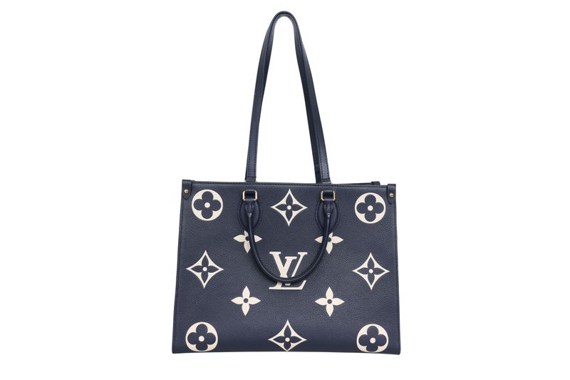 Louis Vuitton OnTheGo MM Bag, Blue White Bi-color Empreinte Leather and Gold Hardware, Preowned in Dustbag WA001 Louis Vuitton OnTheGo MM Bag, Blue White Bi-color Empreinte Leather and Gold Hardware, Preowned in Dustbag WA001