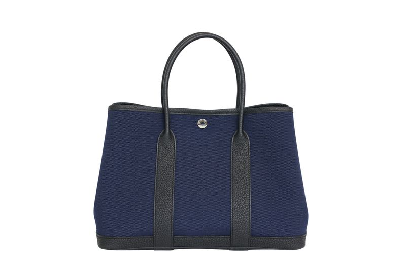 Hermes Garden Party 30 Tote Bag, Blue Denim Moyen Canvas and Black Noir Negonda Calfskin with Palladium Hardware, K 2025 Stamp, Preowned in Dustbag WA001 Hermes Garden Party 30 Tote Bag, Blue Denim Moyen Canvas and Black Noir Negonda Calfskin with Palladium Hardware, K 2025 Stamp, Preowned in Dustbag WA001