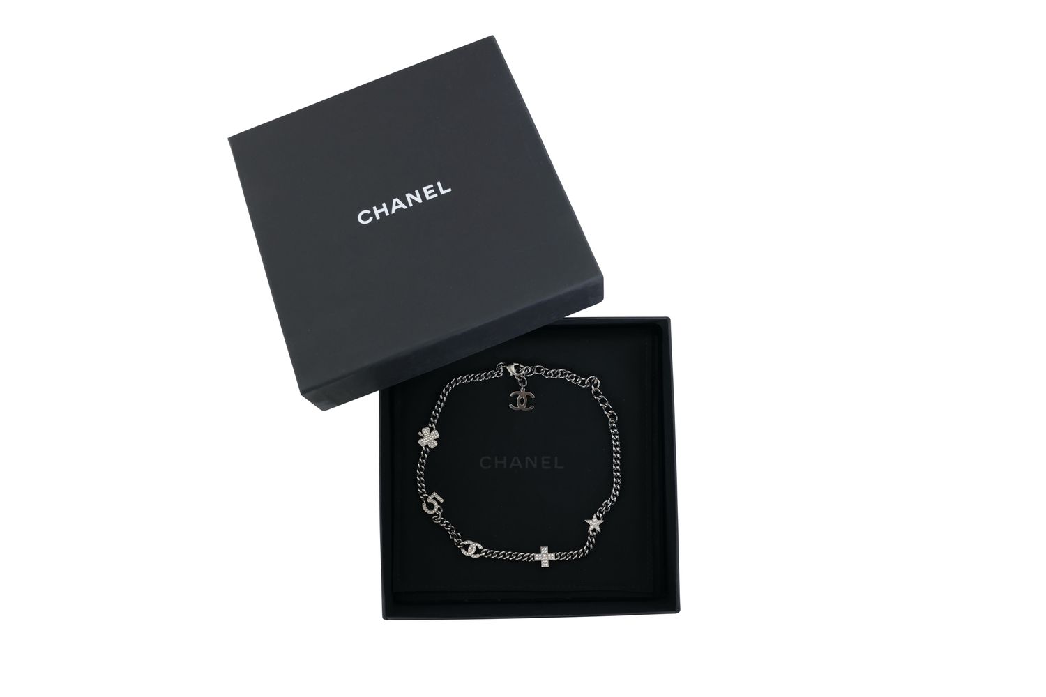 Chanel Lucky Charms Choker Necklace, Ruthenium Hardware with Crystal, Preowned in Box WA001