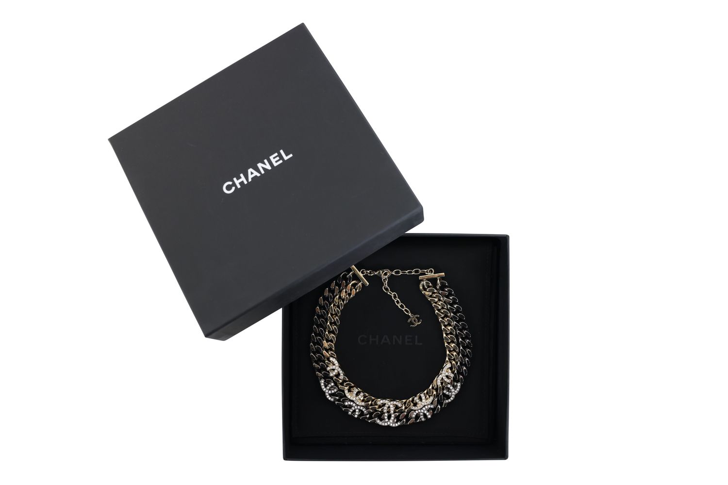 Chanel CC Curb Chain Choker Necklace, Gold and Ruthenium Finish with Crystal, Preowned in Box WA001