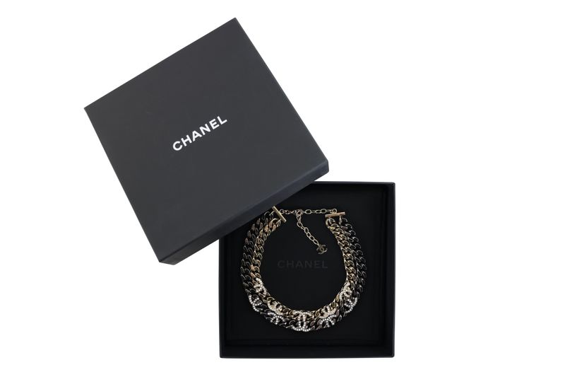 Chanel CC Curb Chain Choker Necklace, Gold and Ruthenium Finish with Crystal, Preowned in Box WA001