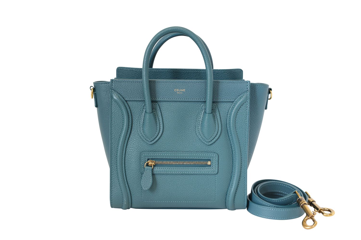 Celine Nano Luggage Bag, Prussian Blue Drummed Calfskin and Gold Hardware, Preowned no Dustbag WA001