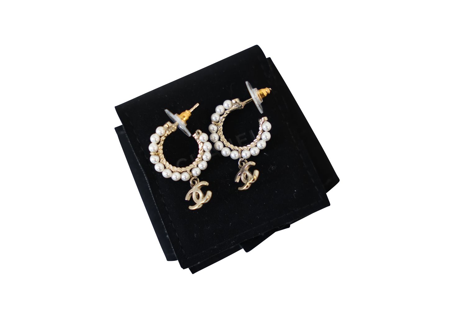 Chanel 20C CC Hoop Earrings, Resin Pearl and Gold Hardware, Preowned in Box WA001