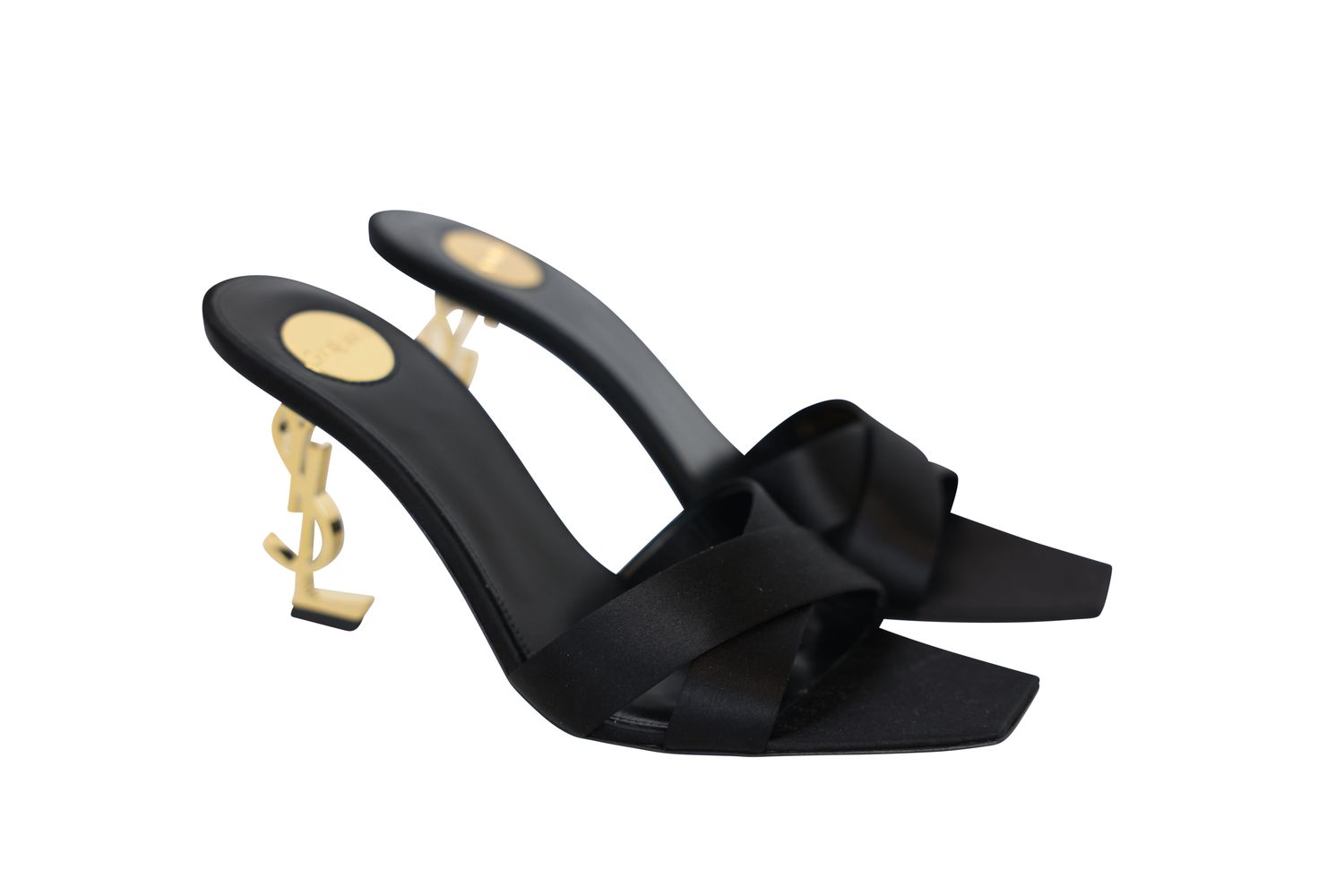 Saint Laurent YSL Shoes Opyum 85 Mules, Black Silk and Gold Hardware, Size 37.5, New in Box WA001