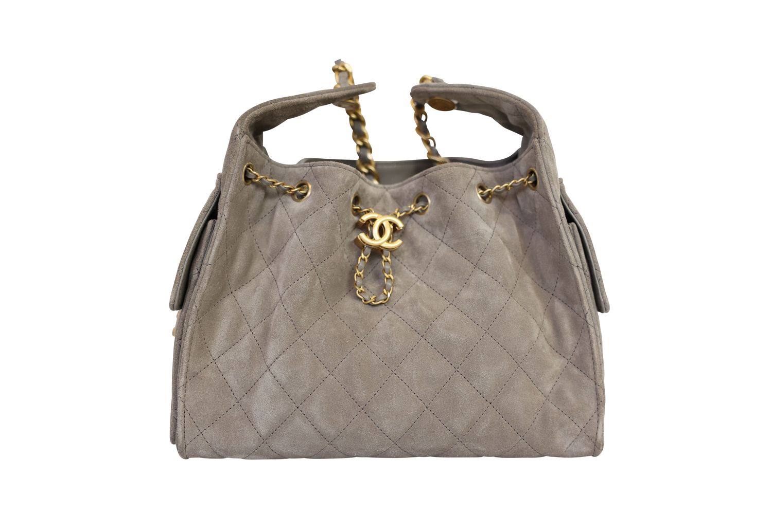 Chanel 25 Small Handbag, Gray Suede and Gold Hardware, Preowned in Box WA001