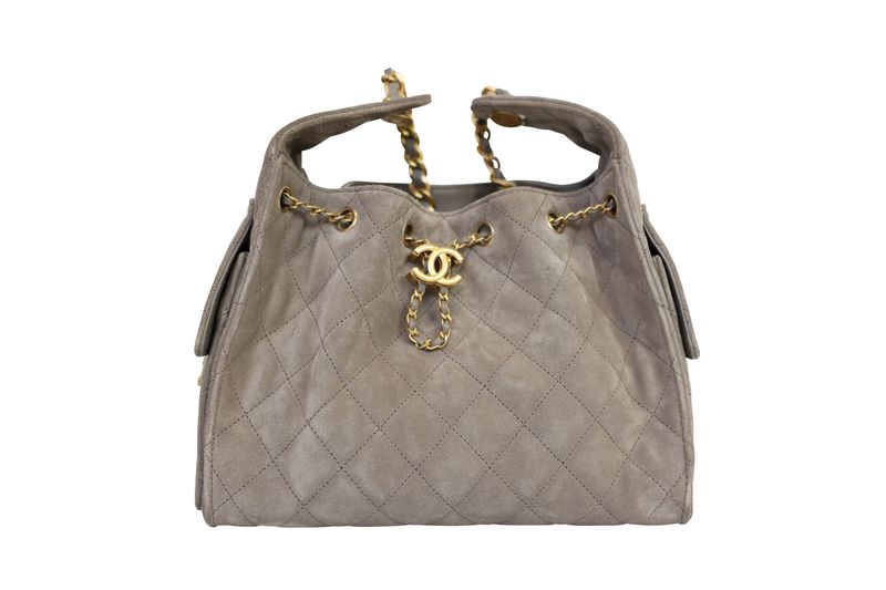 Chanel 25 Small Handbag, Gray Suede and Gold Hardware, Preowned in Box WA001