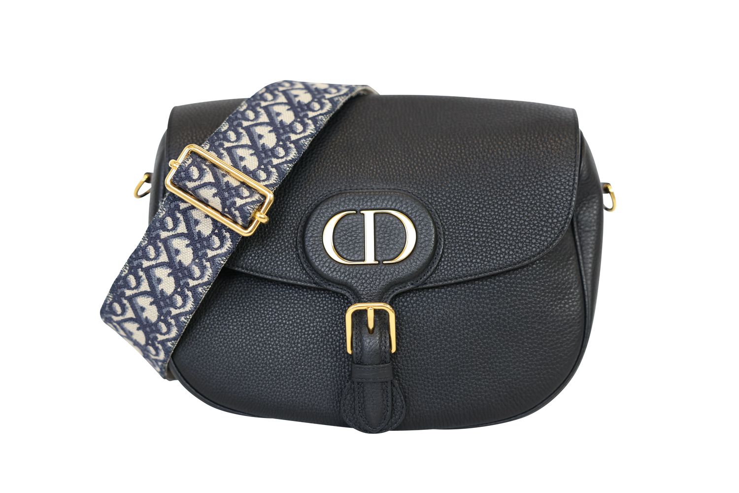 Christian Dior Bobby Large Bag, Black Grained Calfskin and Gold Hardware with Blue Dior Oblique Strap, Preowned in Dustbag WA001