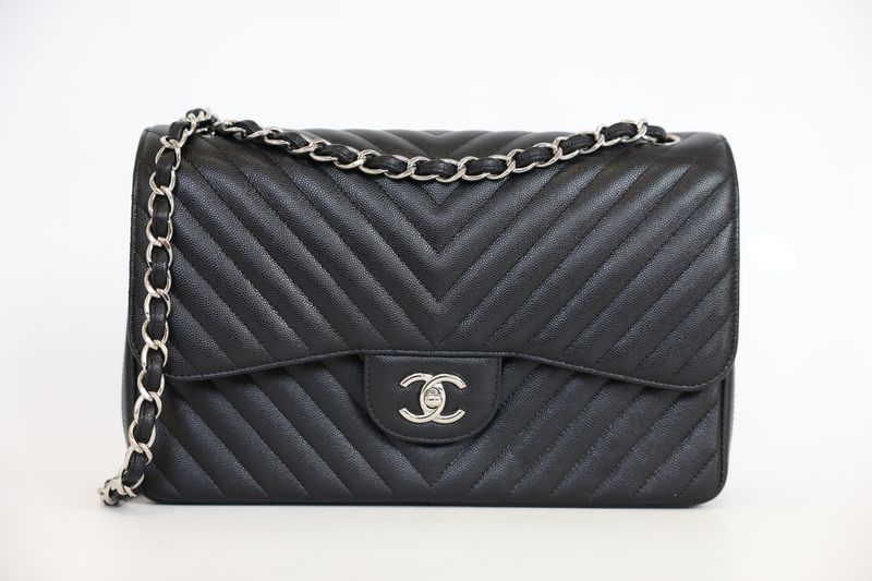 Chanel Classic Jumbo Bag, Black Chevron Quilt Caviar and Silver Hardware, Preowned in Box WA001