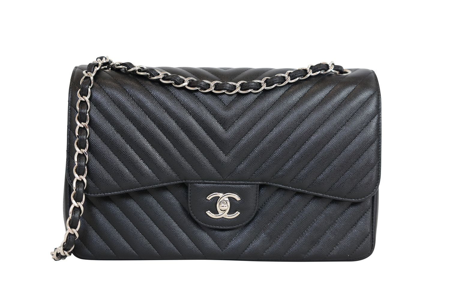 Chanel Classic Jumbo Bag, Black Chevron Quilt Caviar and Silver Hardware, Preowned in Box WA001