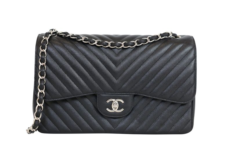 Chanel Classic Jumbo Bag, Black Chevron Quilt Caviar and Silver Hardware, Preowned in Box WA001 Chanel Classic Jumbo Bag, Black Chevron Quilt Caviar and Silver Hardware, Preowned in Box WA001
