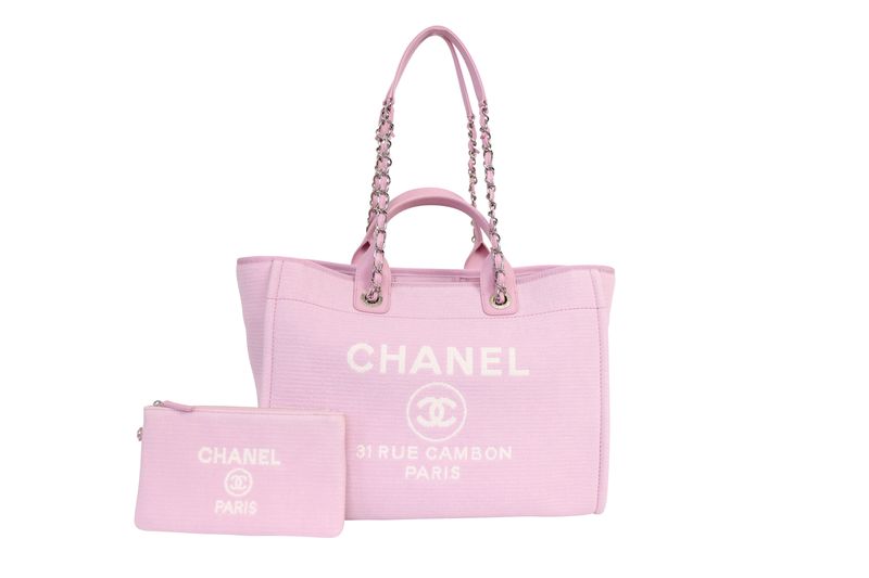 Chanel Deauville Medium Tote Bag, Light Pink Canvas and Silver Hardware, New in Dustbag WA001 Chanel Deauville Medium Tote Bag, Light Pink Canvas and Silver Hardware, New in Dustbag WA001