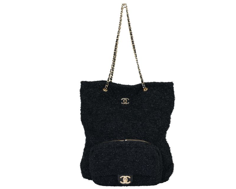 Chanel Coco Beach Convertible Flap to Tote Bag, Black Glitter Tweed and Gold Hardware, Preowned in Dustbag WA001 Chanel Coco Beach Convertible Flap to Tote Bag, Black Glitter Tweed and Gold Hardware, Preowned in Dustbag WA001
