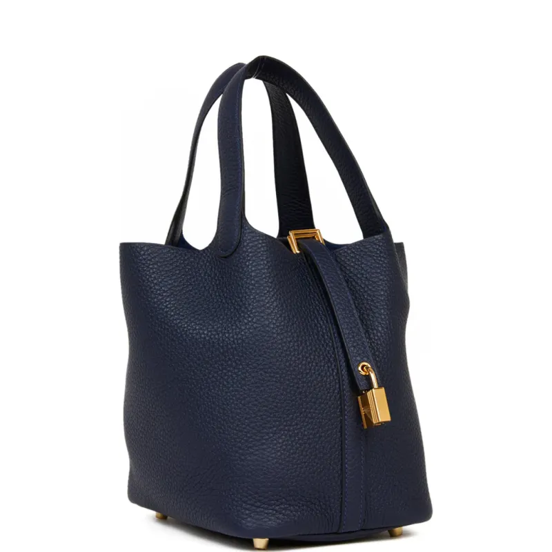 Hermes Picotin 18 Lock PM Bag, Blue Nuit Clemence Leather and Gold Hardware, Preowned, KJRB088