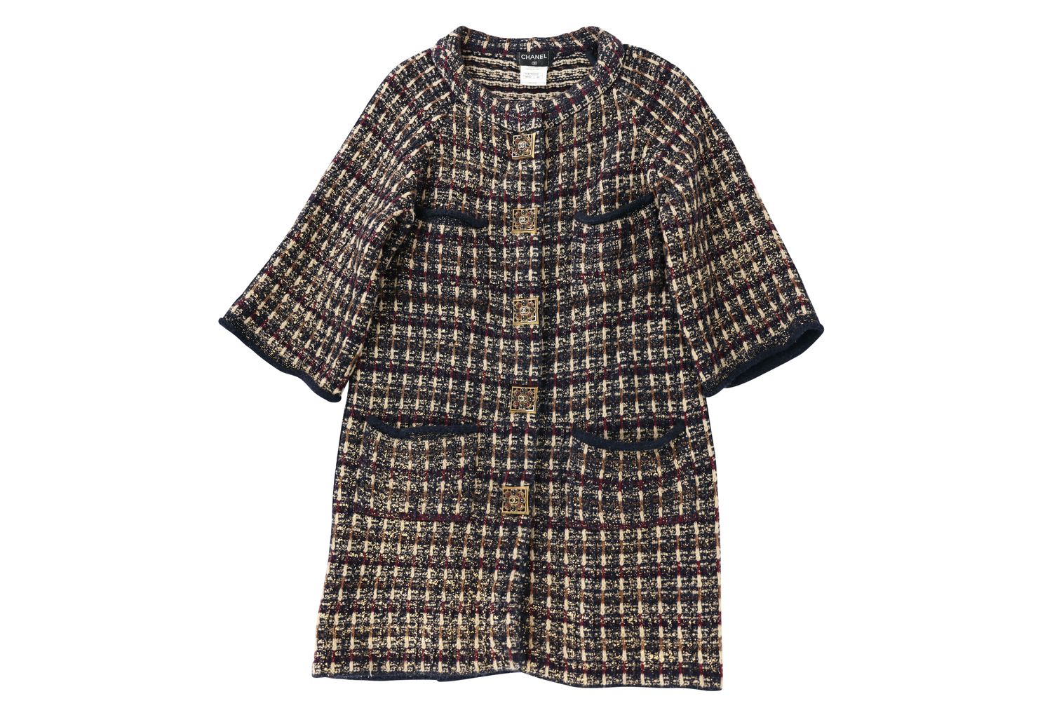 Chanel Clothes 11A Byzance High Collar Coat, Blue Multicolor Wool and Cashemere Tweed, Size 44, Preowned No Dustbag WA001