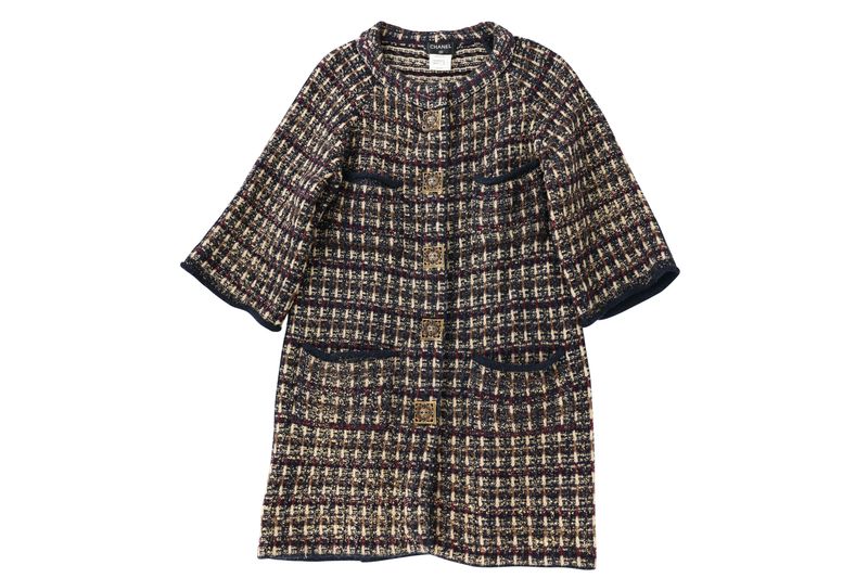 Chanel Clothes 11A Byzance High Collar Coat, Blue Multicolor Wool and Cashemere Tweed, Size 44, Preowned No Dustbag WA001