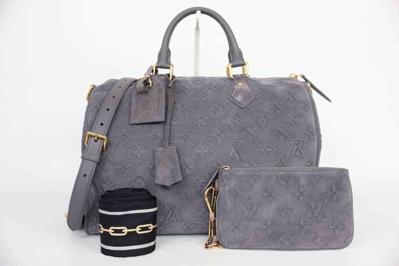 Louis Vuitton Speedy P9 Bandoulière 40 Bag, Gray Autres Cuirs Monogram Suede and Cowhide with Gold Hardware, New in Box WA001