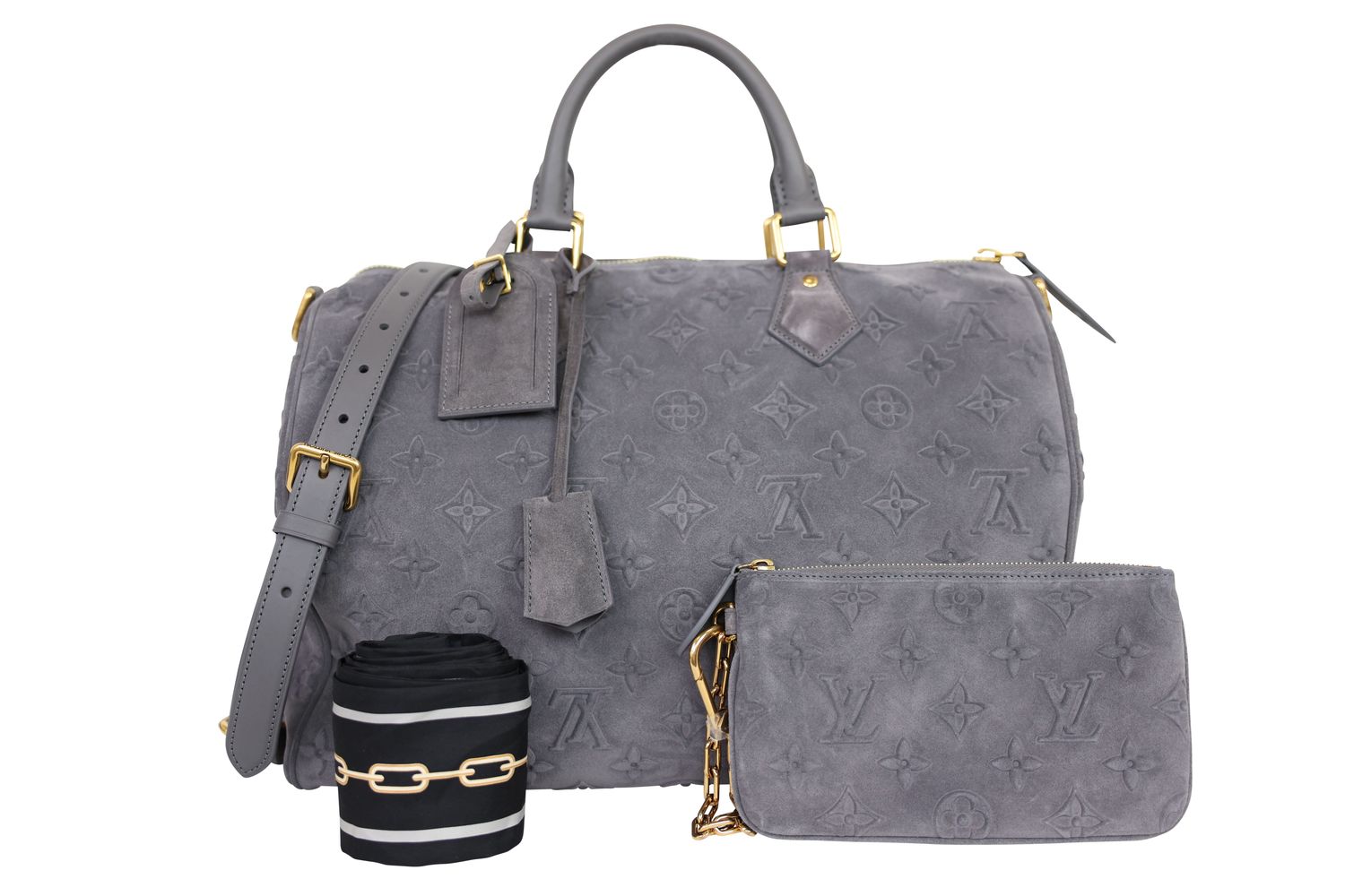 Louis Vuitton Speedy P9 Bandouliere 40 Bag, Gray Autres Cuirs Monogram Suede and Cowhide with Gold Hardware, New in Box WA001