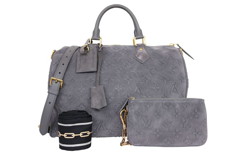 Louis Vuitton Speedy P9 Bandoulière 40 Bag, Gray Autres Cuirs Monogram Suede and Cowhide with Gold Hardware, New in Box WA001