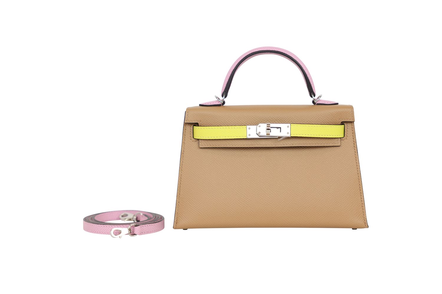 Hermes Kelly II Sellier Mini Handbag, Beige Tri Color Chai, Lime, Mauve Sylvester Epsom and Palladium Hardware, U 2022 Stamp, Preowned in Box WA001