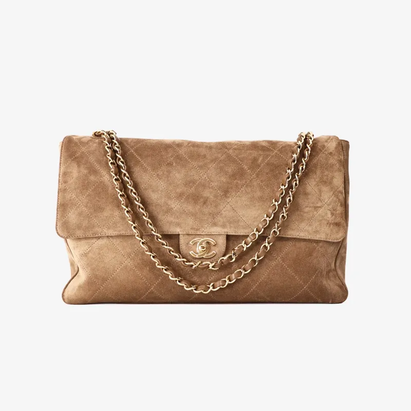 Chanel 26K Maxi Flap Bag 38.5 in Dark Beige Suede/Calfskin Leather with Gold Hardware LND001