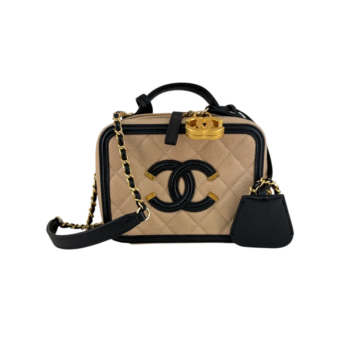 Chanel Beige &amp; Black Quilted Caviar Leather Vanity Case Bag LND001