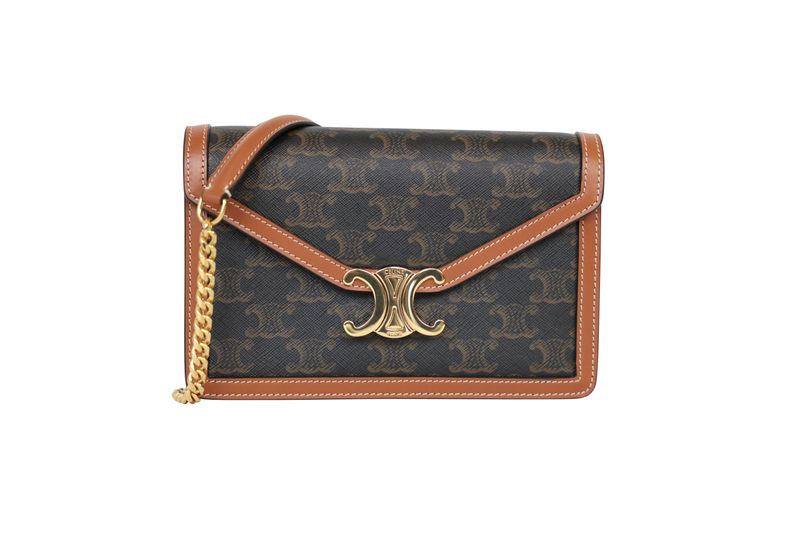 Celine Margo Wallet on Chain Bag, Brown Triomphe Canvas and Tan Calfskin with Gold Hardware, Preowned in Box WA001