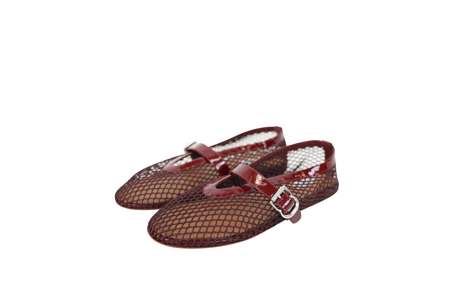 Alaia La Ballerine Flat Shoes, Garnet Red Mesh Fishnet and Patent Leather, Size 37, New in Box WA001