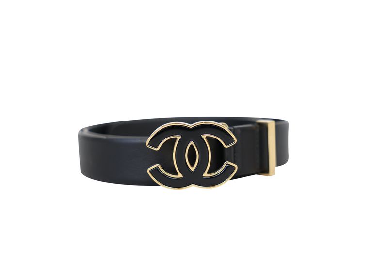 Chanel CC Belt, Black Calfskin Leather  and Enamel with Gold Hardware, Size 95, Preowned in Box WA001