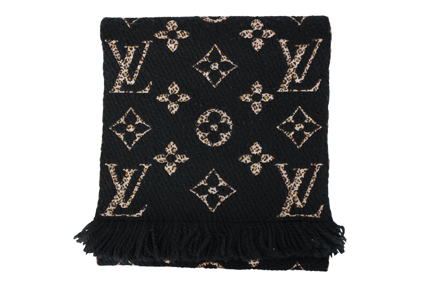Louis Vuitton Logomania Scarf, Black and Beige Monogram Jungle Wool with Silk, Preowned in Box WA001