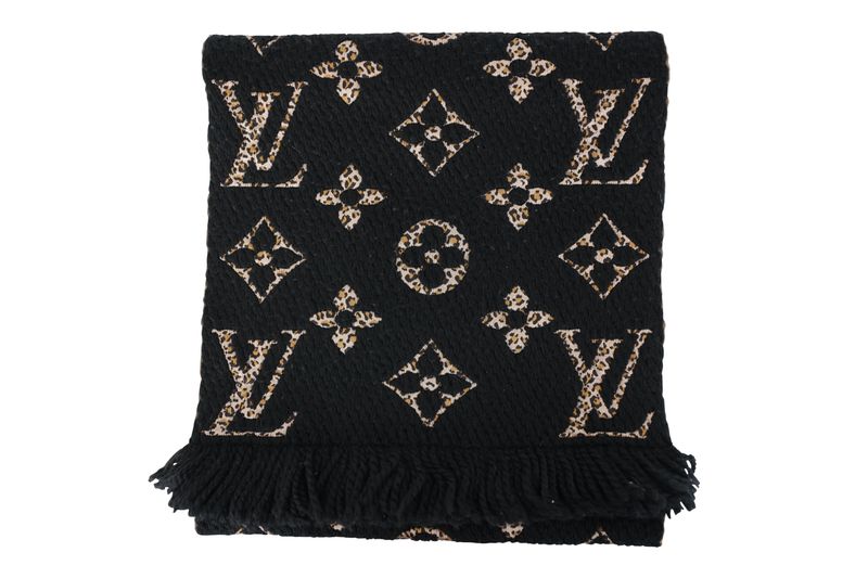 Louis Vuitton Logomania Scarf, Black and Beige Monogram Jungle Wool with Silk, Preowned in Box WA001