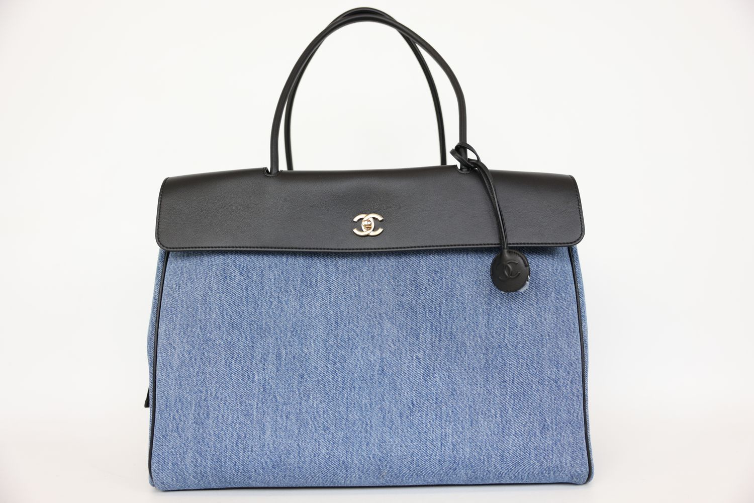 Chanel 26A Urban Essential Large Tote Bag, Blue Denim and Leather Trim with Gold Hardware, Preowned in Box WA001