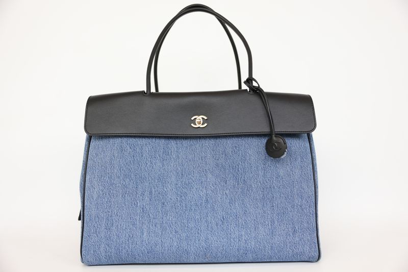 Chanel 26A Urban Essential Large Tote Bag, Blue Denim and Leather Trim with Gold Hardware, Preowned in Box WA001 Chanel 26A Urban Essential Large Tote Bag, Blue Denim and Leather Trim with Gold Hardware, Preowned in Box WA001