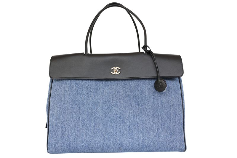 Chanel 26A Urban Essential Large Tote Bag, Blue Denim and Leather Trim with Gold Hardware, Preowned in Box WA001