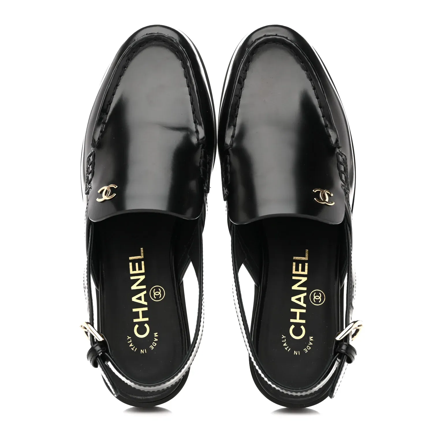 Chanel 25P Black Shiny Calfskin Slingback Loafers Gold Logo CA001