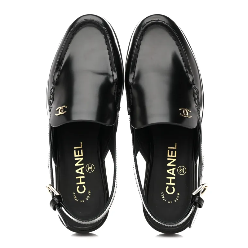 Chanel 25P Black Shiny Calfskin Slingback Loafers Gold Logo CA001