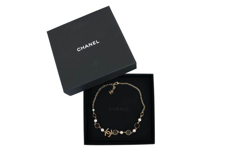 Chanel CC 24C Station Necklace, Gold Finish with Resin Pearl and Black Enamel, Preowned in Box WA001