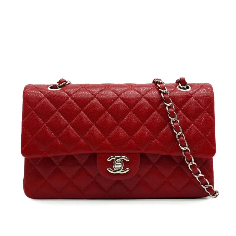 Chanel Classic Flap Medium Chain Shoulder Bag Red Caviar Skin Silver Hardware PP001