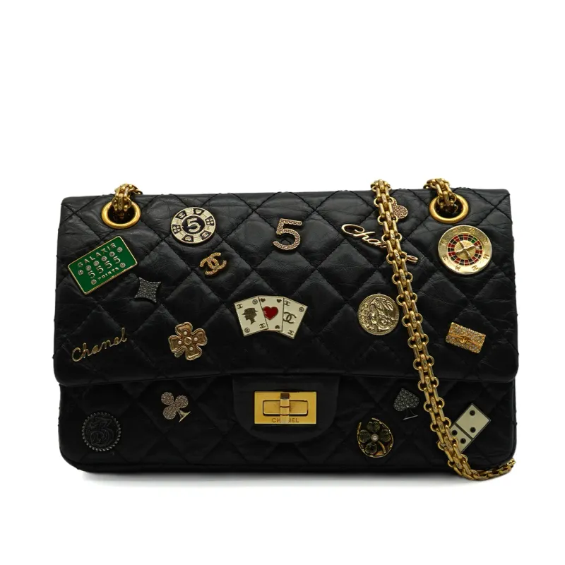 Chanel Matelasse 2.55 Reissue Casino Lucky Charm Chain Shoulder Bag Black Leather Gold Hardware PP001