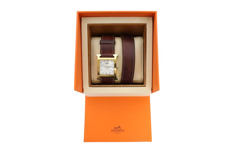 Hermes Heure H watch Double Wrap Small model 25 mm, Brown Leather and Gold Hardware, Preowned in Box WA001