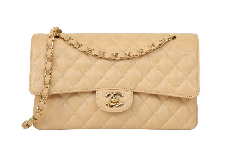 Chanel Classic Medium Handbag, Beige Quilted Caviar and Gold Hardware, Preowned No Dustbag WA001