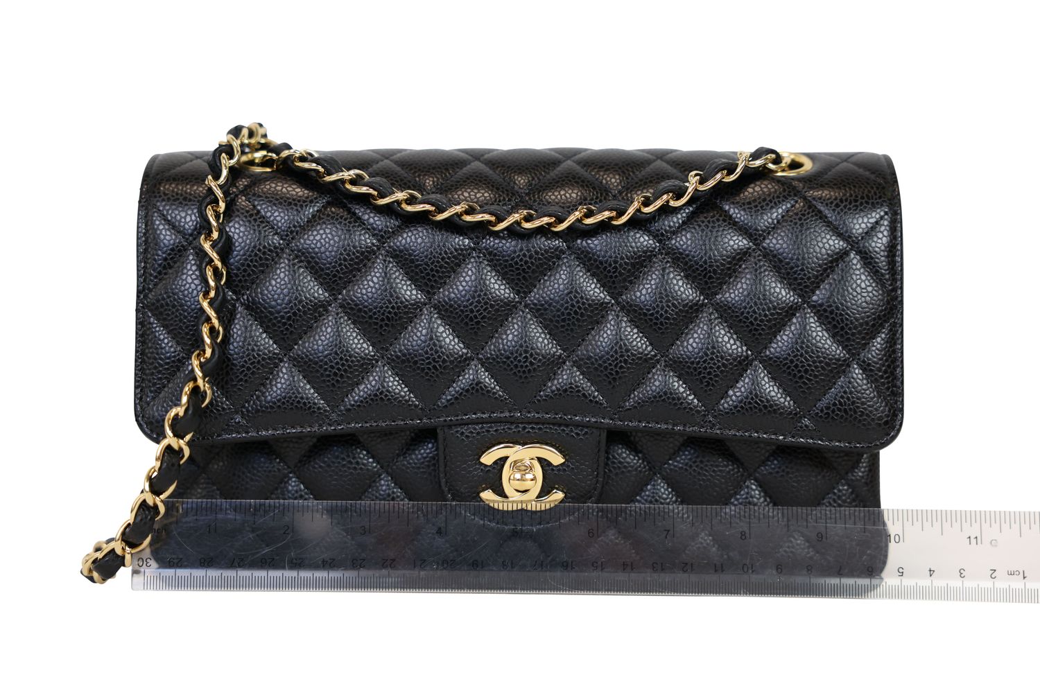 Chanel Classic Medium Handbag, Black Quilted Caviar and Gold Hardware, Preowned in Box WA001
