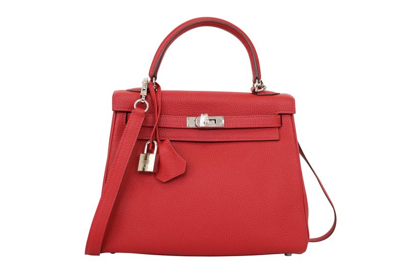 Hermes Kelly 25 Handbag, Red  Rouge Vif Togo Leather and Palladium Hardware,  A 2017 Stamp, Preowned in Box WA001