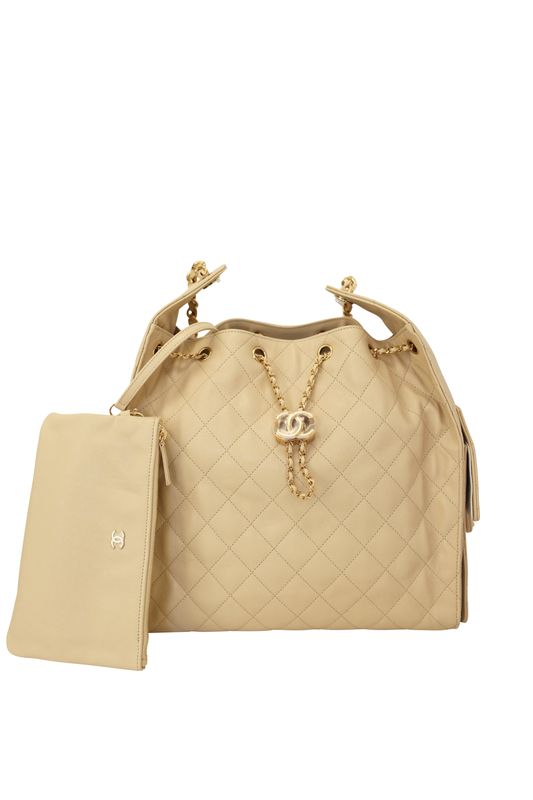 Chanel 25 Medium Shoulder Bag, Beige Quilted Caviar Leather and Gold Hardware, Preowned in Box WA001