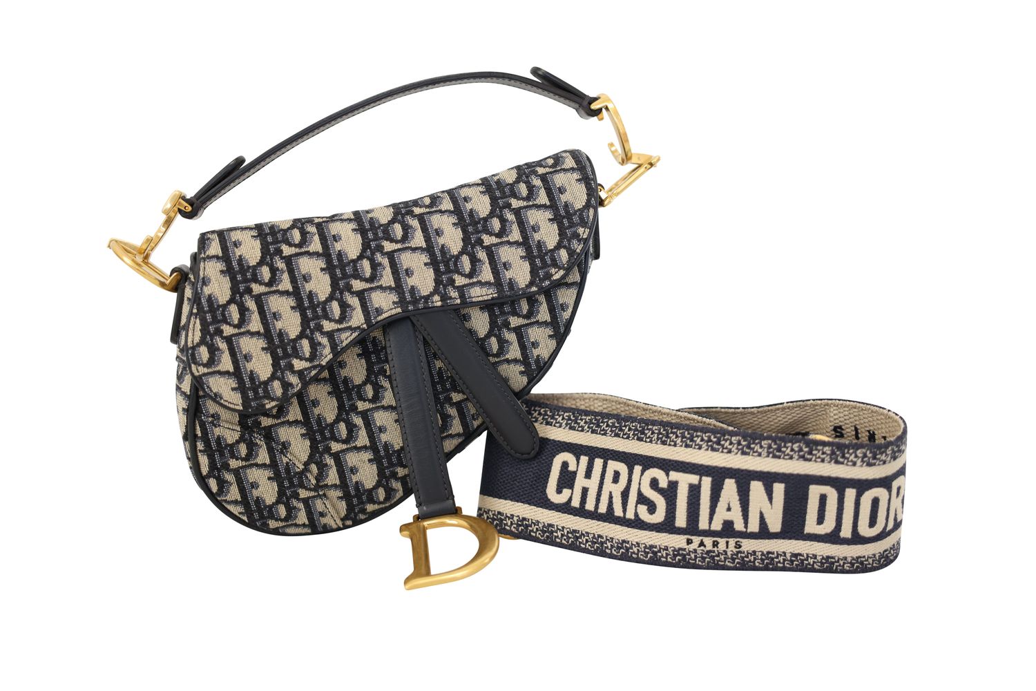 Christian Dior Saddle Mini Bag with Strap, Blue Dior Oblique Jacquard Canvas and Gold Hardware, Preowned in Dustbag WA001