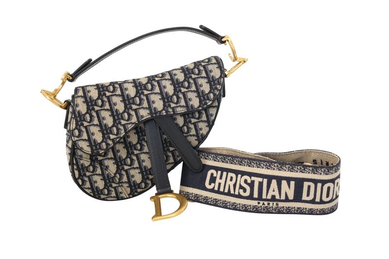 Christian Dior Saddle Mini Bag with Strap, Blue Dior Oblique Jacquard Canvas and Gold Hardware, Preowned in Dustbag WA001