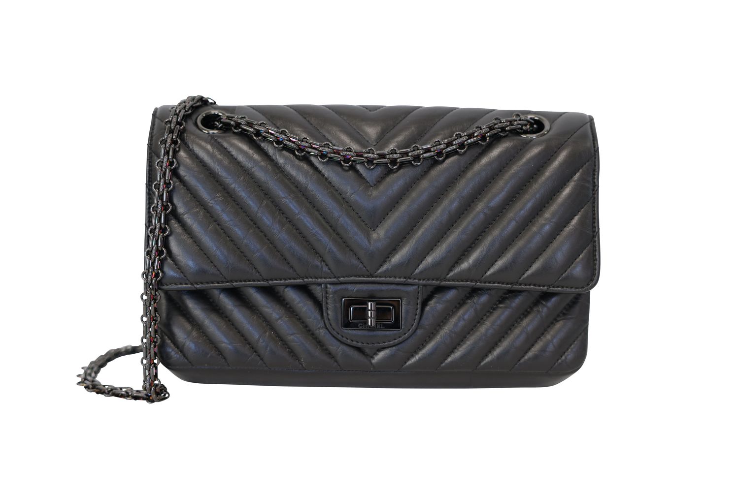 Chanel 2.55 Reissue 20A Flap 226 Handbag, So Black Chevron Aged Calfskin and Black Hardware, Preowned in Box WA001